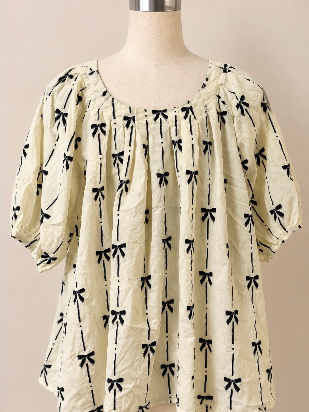 Chic Soul 2X Ivory Black Bow Print Puff Sleeve Cotton Blouse Plus Size